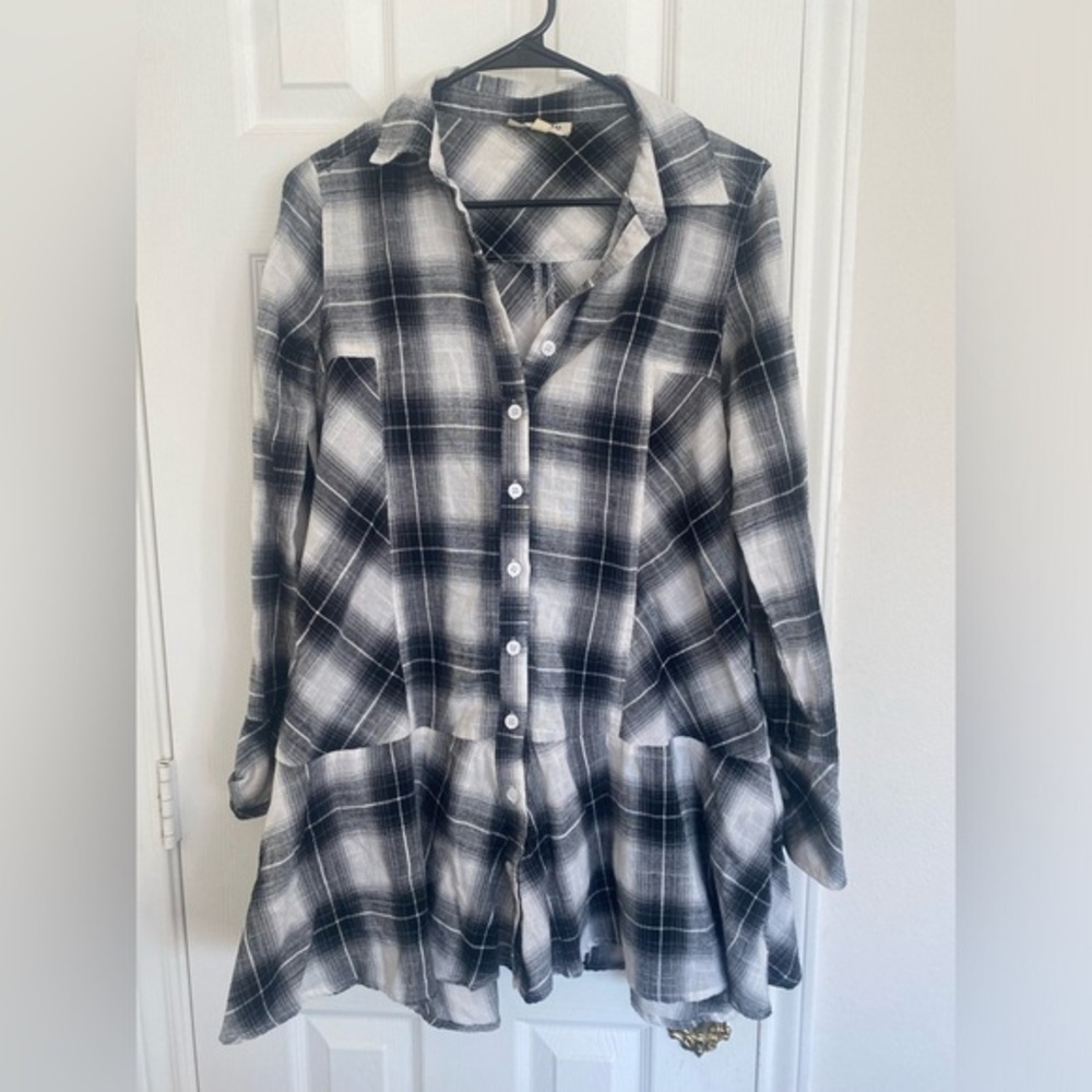 Plaid Shirt Dress Long Sleeve Button Down Ruffle Hem Tunic Top Small